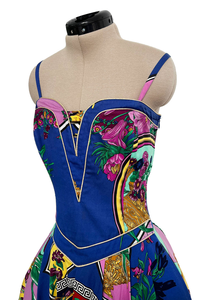 Iconic Spring 1992 Versace by Gianni Versace Jeans Couture Floral Print Full Skirt Halter Mini Dress