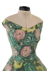 Gorgeous 1950s David Hart Organza Covered Cotton Floral Print Dress w Sequin Detailing