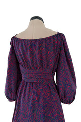 Sweetest Recent Christian Dior Deep Blue Silk Dress w Scattered Red Heart Print & Balloon Sleeves