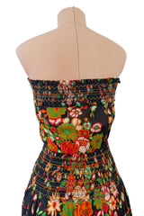 Wonderful c.1974 Yves Saint Laurent Brilliant Floral Print Strapless Cotton Dress w Top Stitched Gathers