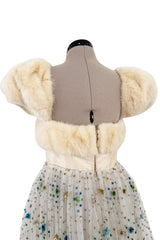 Incredible 1968 Sarmi Ivory Silk Net Dress w Mink Bodice & Metallic Tinsel Dot Detailing