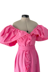 1980s Unlabeled Demi-Couture Pink Silk Dress w Ruffled Front & Caped Shoulders