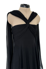 Gorgeous Spring 1989 Bill Blass Runway Black Silk Halter Chiffon w Trailing Shoulder Panels