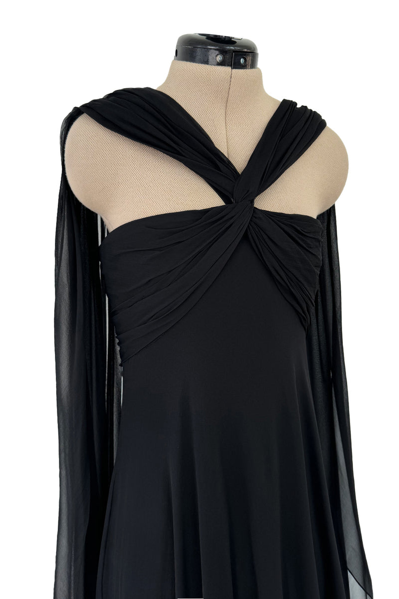 Gorgeous Spring 1989 Bill Blass Runway Black Silk Halter Chiffon w Trailing Shoulder Panels