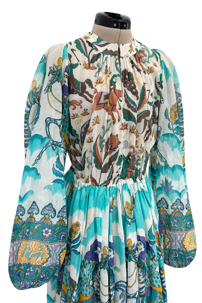 Rare 1971 Thea Porter Actual Book Piece Silk Cotton Gauze Dress w Sheila Hudson Horseman Print