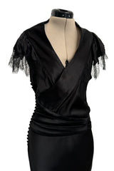 Iconic Fall 2005 John Galliano Black Silk Bias Cut Dress w Plunge Front & Lace Trimmed Cap Sleeves