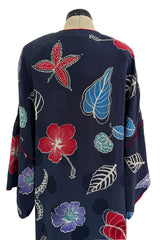Easy-to-Wear 1980s Hanae Mori Printed Leaf & Flower Blue Silk Caftan Dress w Wide Sleeves