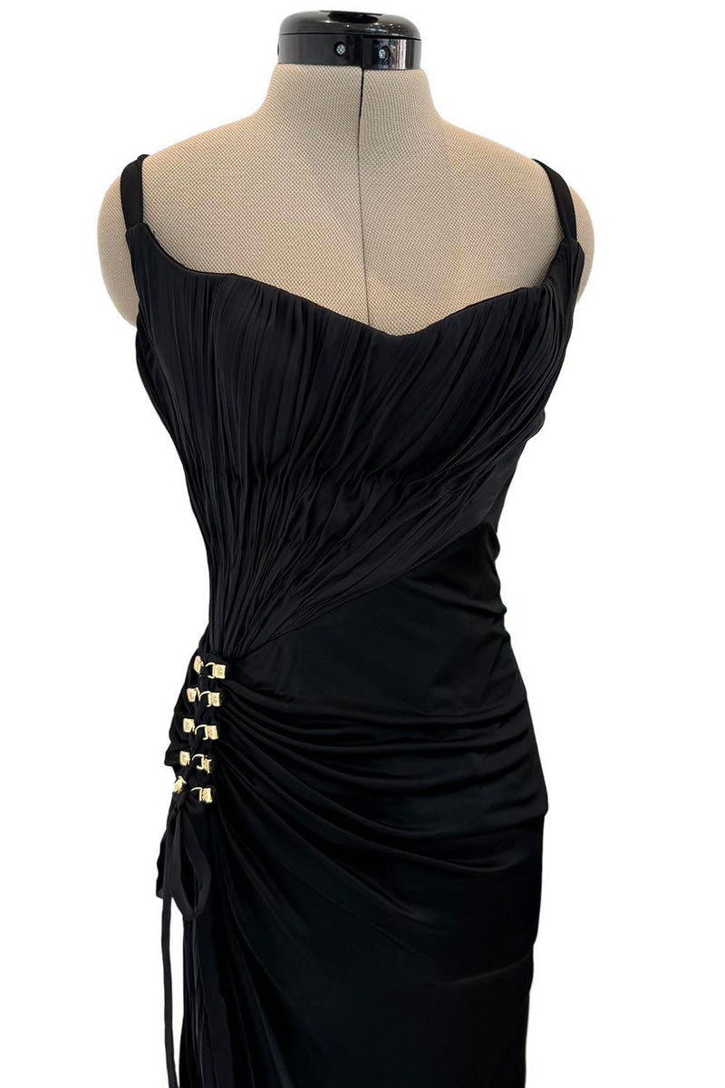 Outstanding Spring 2006 Roberto Cavalli Black Silky Jersey Corset Bodice Dress w Gold Hardware Detailing
