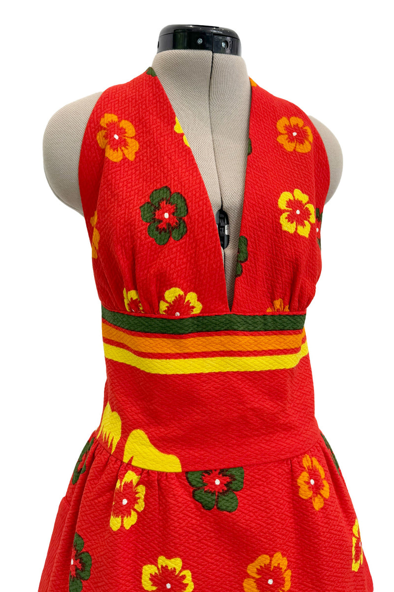 Gorgeous 1971-1972 Lanvin by Jules-Francois Crahay Floral Printed Coral Cotton Pique Backless Halter Dress