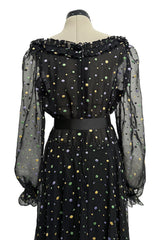 Prettiest 1970s Louis Feraud Black Chiffon Ruffled Dress w Multi Coloured Embroidered Dots