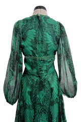 Well Documented Spring 1970 Unlabeled Thea Porter Green Butterfly Print Silk Chiffon Dress