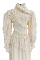 Incredibly Rare Fall 1979 Chloe by Karl Lagerfeld Couture Runway Ivory Chiffon & Lace Dress w pearl Details