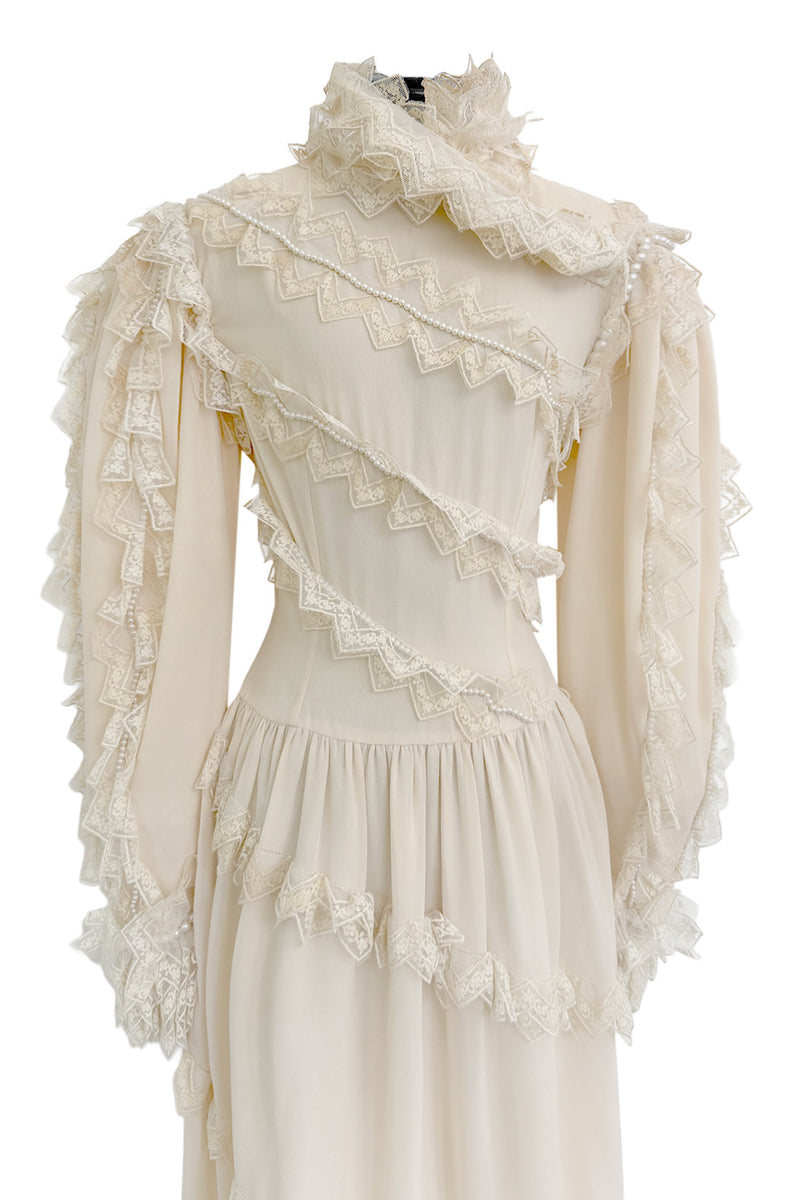 Incredibly Rare Fall 1979 Chloe by Karl Lagerfeld Couture Runway Ivory Chiffon & Lace Dress w pearl Details
