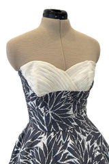 Amazing 1950s Fred Perlberg Hand Painted Silver & Gray Strapless Dress w Pleated Shelf Bust