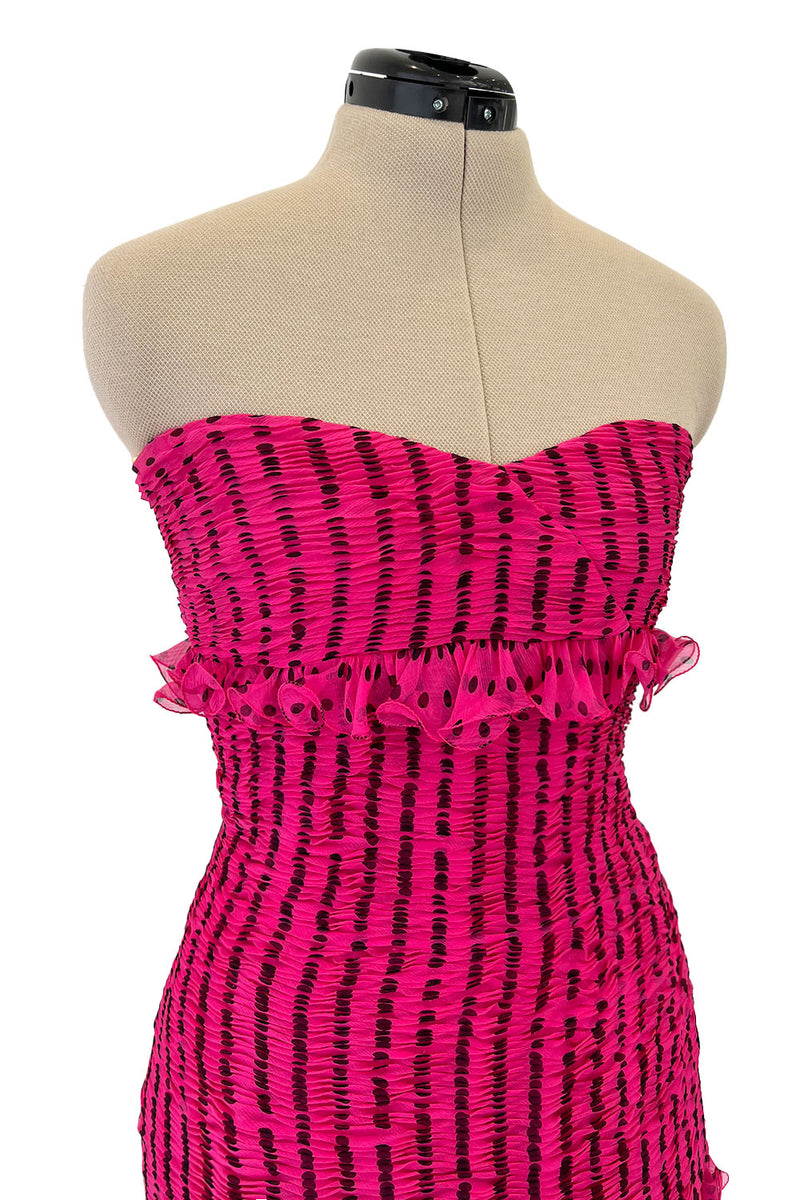 Well Documented Spring 1987 Valentino Original Strapless Pink & Black Silk Chiffon Dress