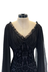 Beautiful Spring 2004 Alexander McQueen Cut Device Silk Velvet Dress w Silk Chiffon Balloon Sleeves