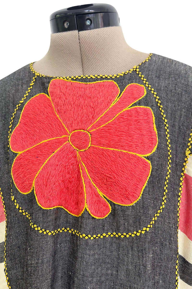 Fabulous 1960s Josefa Hand Muted Charcoal & Coral Cotton Caftan w Hand Embroidered Details