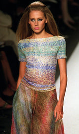 Outstanding Spring 2001 Oscar de la Renta Runway Look 38 Sequin Detailed Sweater & Silk Skirt Set