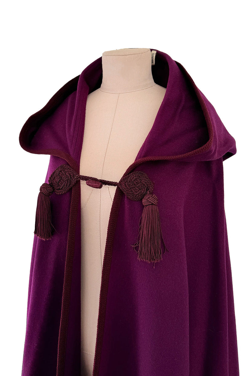 Iconic Fall 1976 Yves Saint Laurent Deep Purple Hooded Cape w Braided Edges & Tassel Details