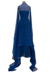 Prettiest Spring 1990 Oscar De La Renta Deep Sapphire Blue Silk Chiffon Strapless Dress w Matching Cape