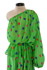 Demi-Couture Spring 1989 Nina Ricci Runway Dotted Silk Skirt & Silk Chiffon One Shoulder Top Set