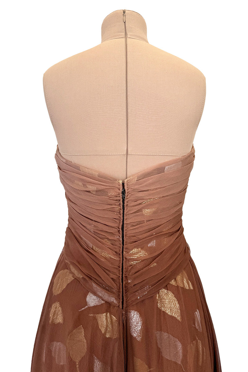 Dreamiest Fall 1989 Bob Mackie Runway Silk Chiffon w Metallic Leaf Print Underlay Strapless Dress