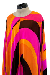 Spectacular c.1972 La Mendola Brilliant Pink, Orange, Tangerine & Black Silk Chiffon Caftan w Floor Length Cape Sleeves Sleeves