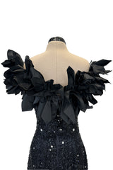 Rare 1986 Fabrice Simon Couture Off Shoulder Beaded Black Dress w Pastel Pink Lower Skirts