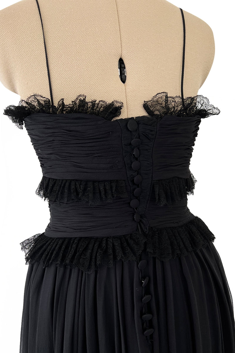 Prettiest 1992 Chanel by Karl Lagerfeld Black Silk Chiffon Dress w Black Lace Detailing