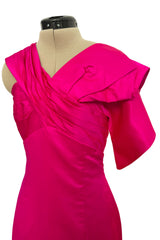 2000s Valentino Roma Brillaint & Vibrant Pink Silk One Shoulder Dress w Draped Front Panels