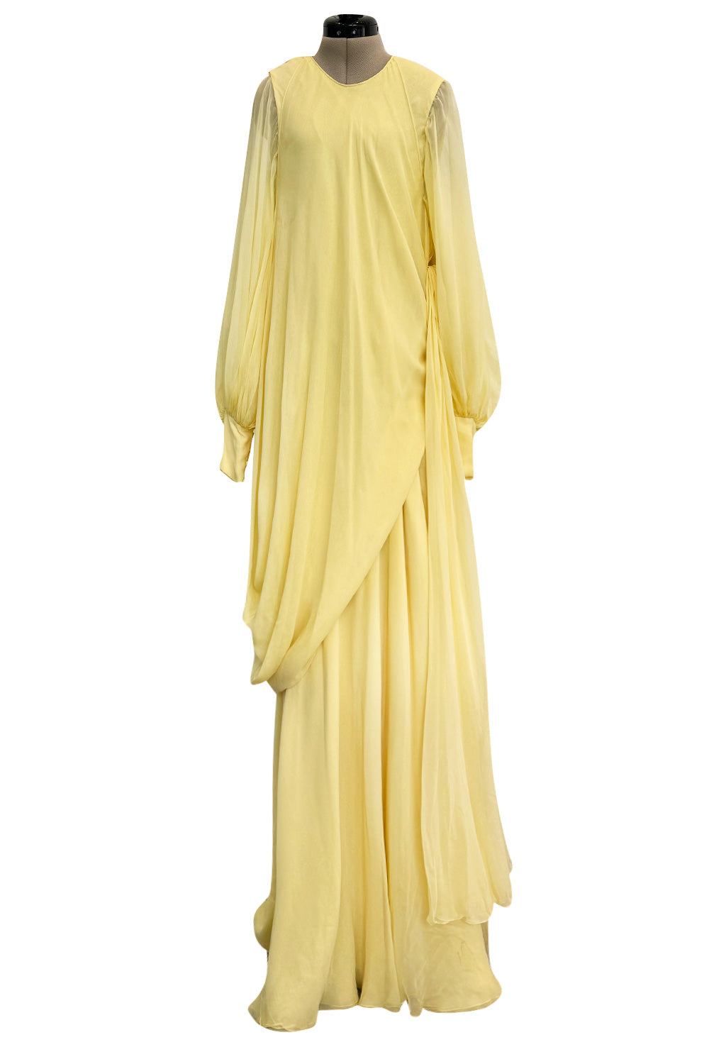 Gorgeous 1970s George Stavroploulos Couture Green Silk Chiffon Caftan Dress