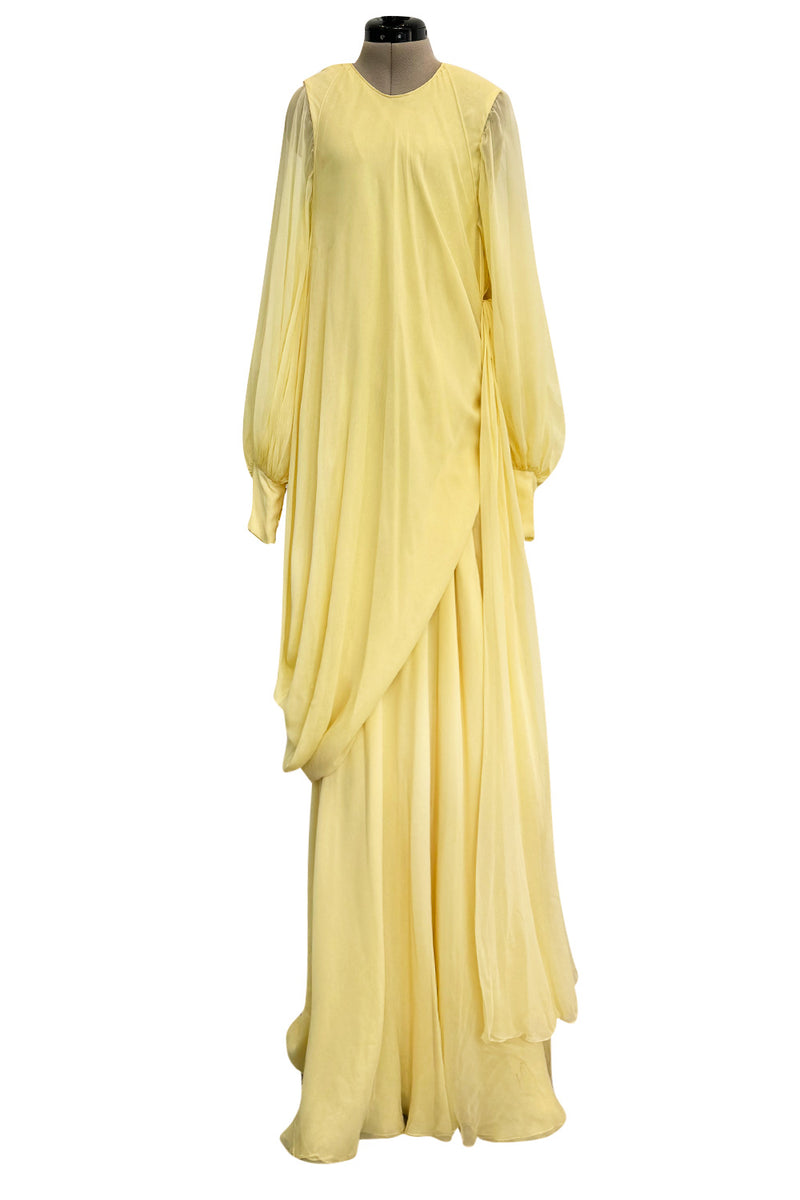 Exceptional 1970s George Stavropoulos Pale Yellow Bias Cut Silk Chiffon Caftan Dress w Attached Panel