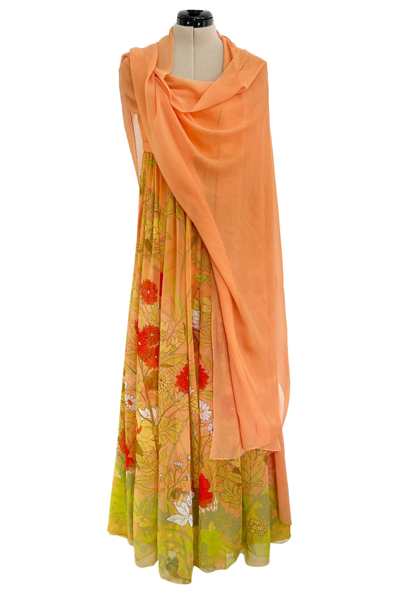 Gorgeous 1970s Hanae Mori Strapless Pastel Floral Print Chiffon & Silk Dress w Shawl