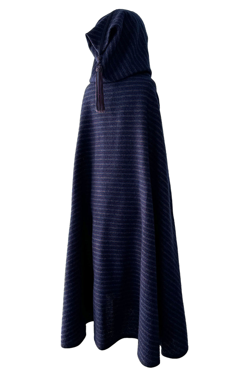 Fabulous  Fall 1976 Yves Saint Laurent Striped Blue Wool Knee Length Cape w Hood & Tassel Detailing