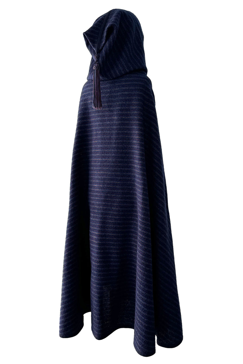 Fabulous  Fall 1977 Yves Saint Laurent Striped Blue Wool Knee Length Cape w Hood & Tassel Detailing