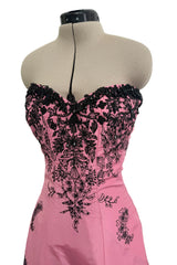 Exceptional Spring 2004 Oscar de la Renta Runway Look 39 Strapless Pink Silk w Black Embroidery & Beads