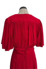 Fantastic Fall 1974 Ossie Clark Runway Documented Red Moss Crepe Dress w Plunging Front & Caped Sleeves