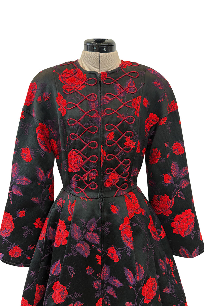 2000s Christian Lacroix Red Floral Brocade Dress or Jacket w Cording Detail