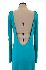 Spectacular Early 1970s Loris Azzaro Plunging Turquoise Silk Jersey w Open Rhinestone Rings