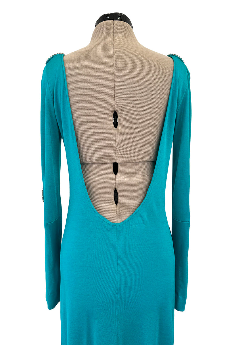 Spectacular Early 1970s Loris Azzaro Plunging Turquoise Silk Jersey w Open Rhinestone Rings