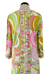 Prettiest 1960s Emilio Pucci Pale Pastel Curving Print Silk Jersey Dress w Contrasting Border