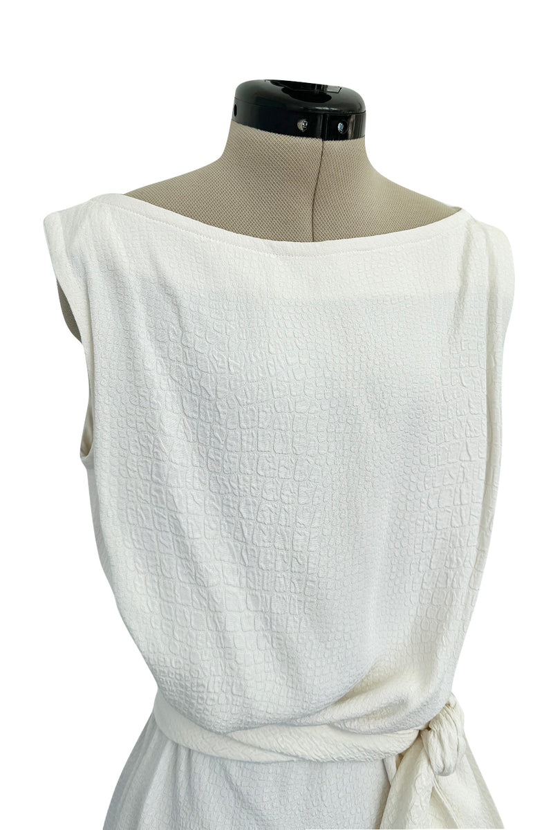 Yves Saint Laurent Spring 1993 minimalist White Dress w Raised Reptile Print