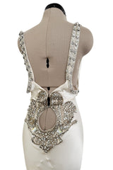 Iconic Spring 2006 Roberto Cavalli Front Plung & Open Back Heavily Detailed w Rhinestone Bias Cut Ivory Silk Dress