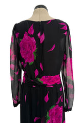Gorgeous 1970s James Galanos Demi-Couture Silk Chiffon Dress w Vivid Pink Flower Print
