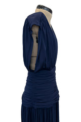 Resort 1986 Yves Saint Laurent Deep Plunge Front Blue Draped Silk Jersey Dress