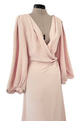 Prettiest Spring 1990 Yves Saint Laurent Pale Nude Pink Silk Plunge Runway Dress w Balloon Sleeves