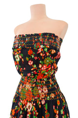 Wonderful c.1974 Yves Saint Laurent Brilliant Floral Print Strapless Cotton Dress w Top Stitched Gathers