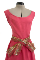 1950s Unlabeled Lanvin-Castillo Couture Elaborate Gold Beaded Pink Waffle Weave Top & Skirt