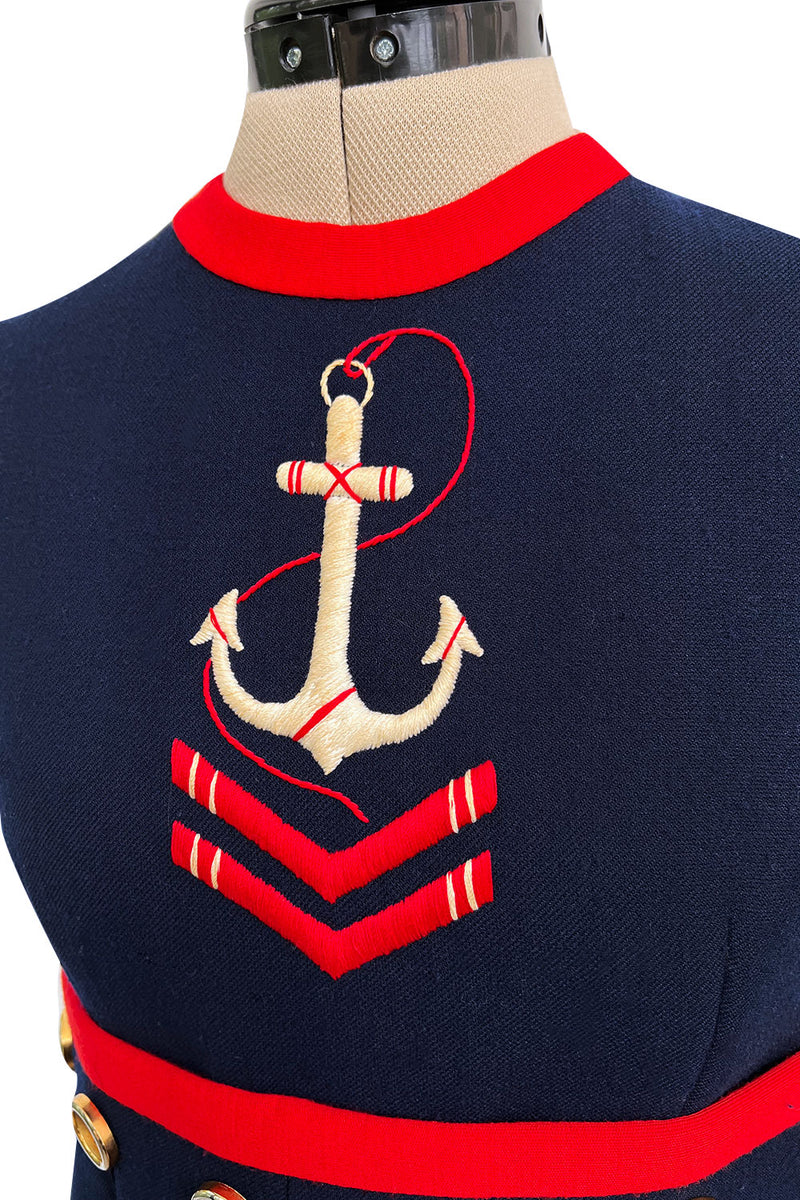 Museum Held Spring 1968 Norman Norell Unlabeled Couture Blue Button & Anchor Sailor Dress