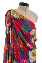 Exquisite Fall 1997 Yves Saint Laurent Brilliant Multi Floral Printed Silk Chiffon Bias Cut & Draped One Shoulder Dress